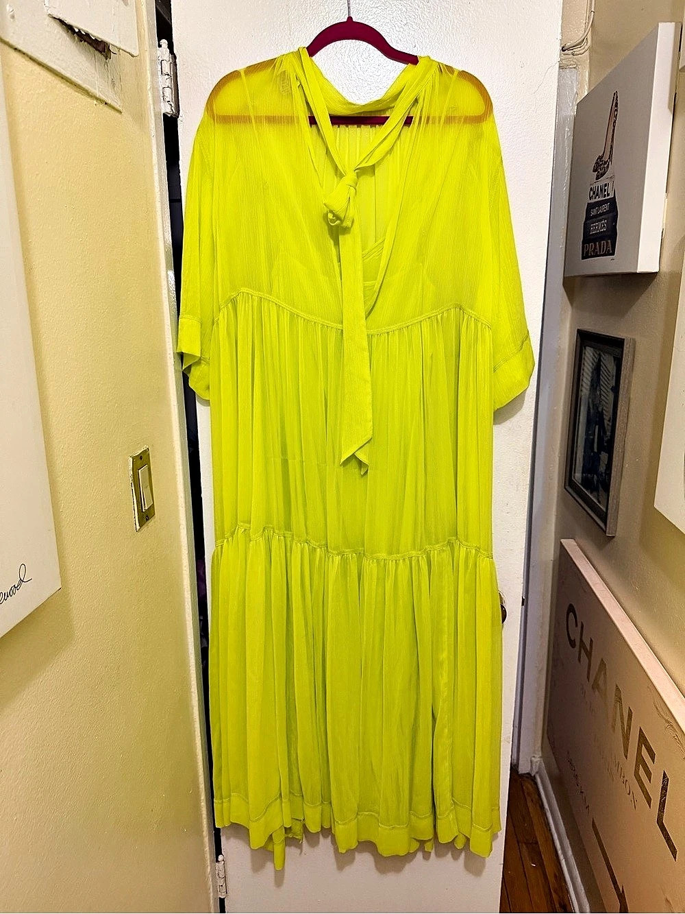 H&M Neon Lime Green Sheer Tiered Maxi Dress w/ Slip Size L - Picture 6 of 9